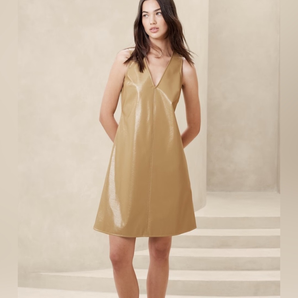 Banana Republic Faux Leather Tan Sleeveless V-Neck Dress